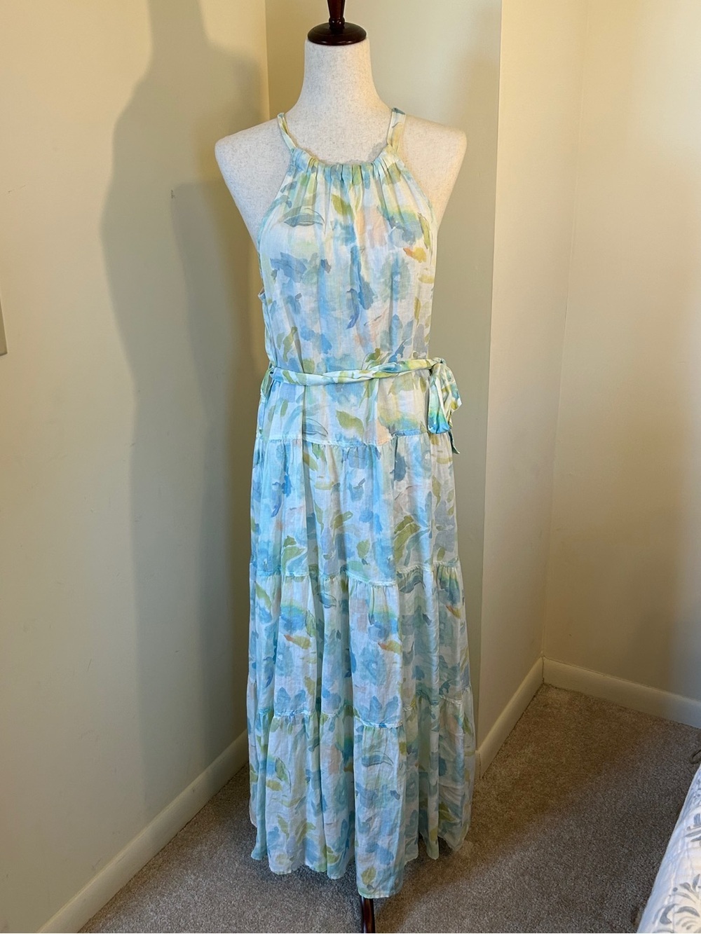 Bella Dahl SZ M Linen Pastel Blue & Green Halter Tie-Waist Maxi Dress Gorgeous!